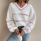 V-collar Contrast Color Women's Long Sleeve Pullover Loose Sweater