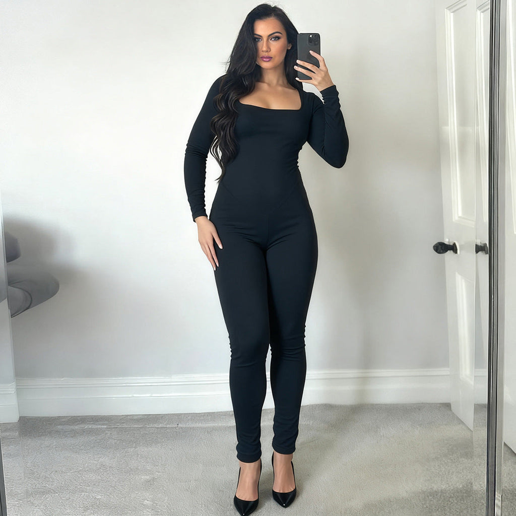 New Sexy U-neck Backless Strap Long-sleeve Solid-color Hip-lifting Jumpsuit