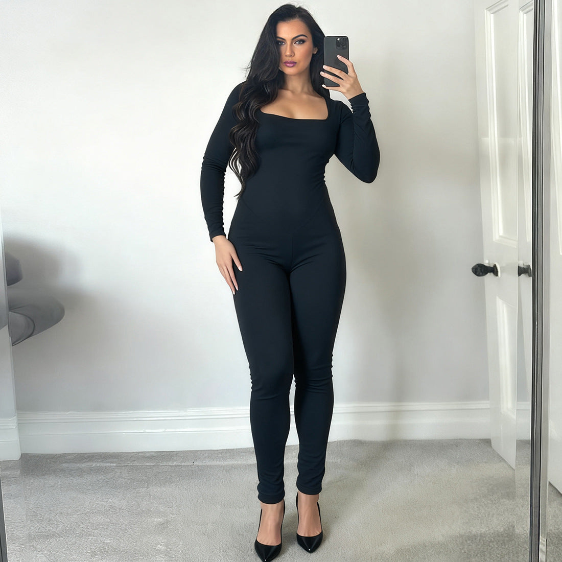 New Sexy U-neck Backless Strap Long-sleeve Solid-color Hip-lifting Jumpsuit
