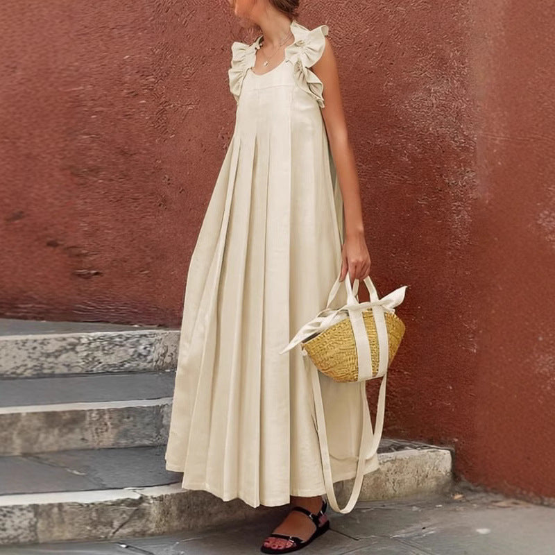 Women's Casual Long Ruffle-Trimmed Solid-Color Dress