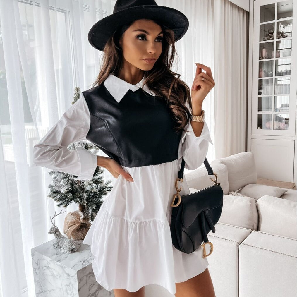 Shirt Collar Pu Leather Matching Long-Sleeve Dress