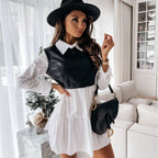 Shirt Collar Pu Leather Matching Long-Sleeve Dress