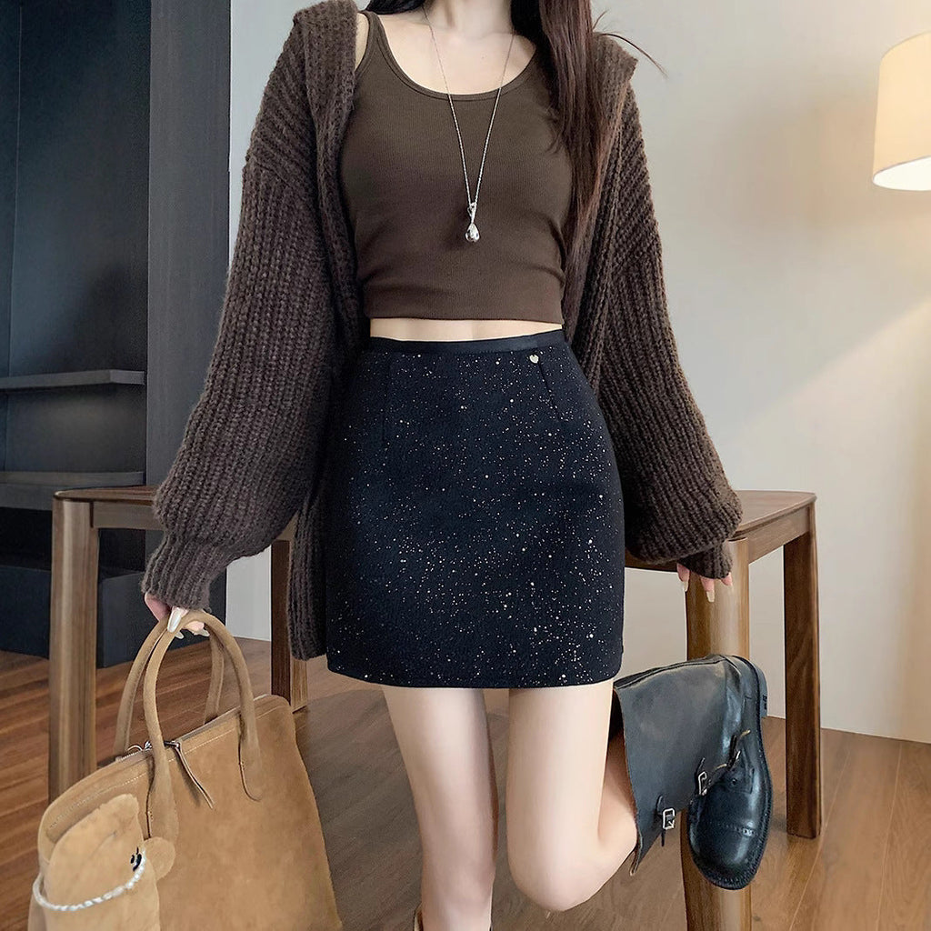 Sequined Thickened Wool High Waisted A Line Bodycon Skirt
