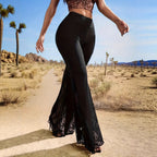 Solid Color Tight High-waisted Lace-trimmed Flared Pants