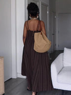 Brown Striped Suspender Pocket Loose Dress