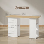 HOMCOM Computer Desk, Writing Table, PC Workstation with 3 Storage Shelves and Drawers, Silver Handle, for Home Office, Natural Wood Finish and White