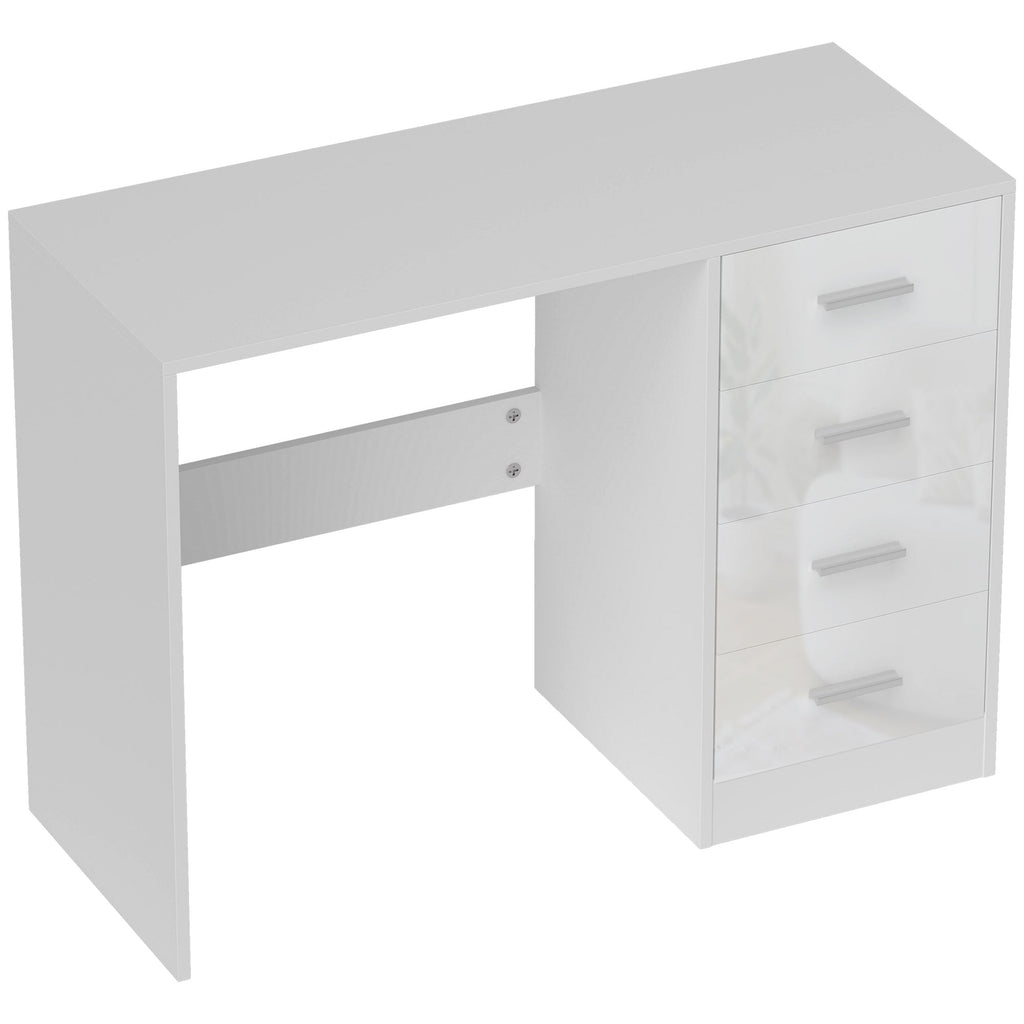 HOMCOM Computer Desk with Drawers, Dressing Table, High Gloss Home Office Writing Workstation, White