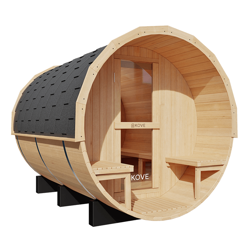 KOVE Outdoor Barrel Sauna – 5–6 Person Garden Sauna with 6kW Harvia Electric Heater