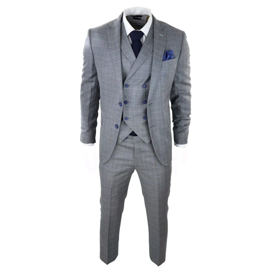 Men's Light Grey 3 Piece Suit Blue Check Double Breast Waistcoat Office Wedding Prom