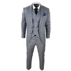 Men's Light Grey 3 Piece Suit Blue Check Double Breast Waistcoat Office Wedding Prom