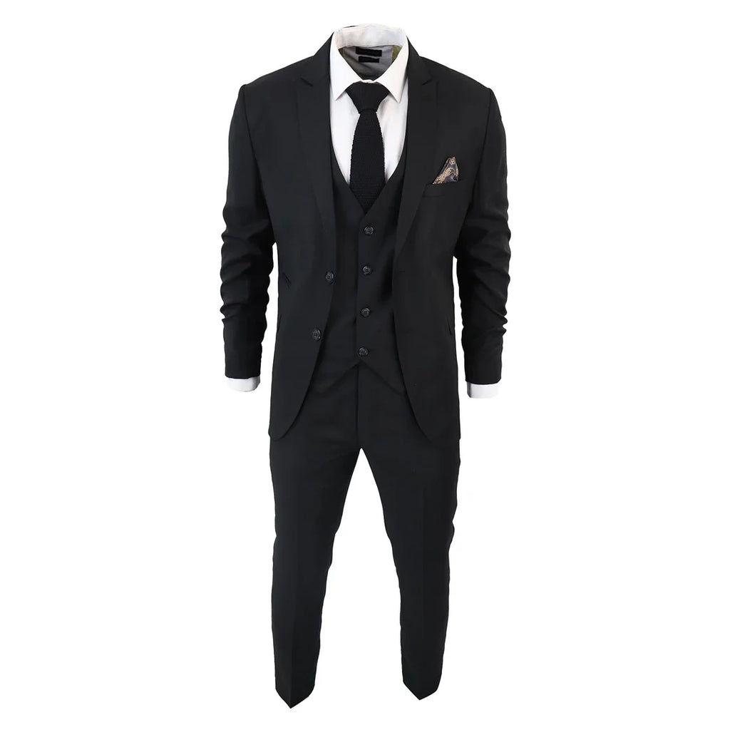 IM1 Men's Classic Plain Black 3 Piece Suit