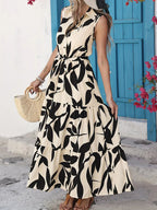 Elegant Sleeveless Printed Shirt Dress Ruffled Hem