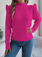 Women Solid Color Ruffled Mock Neck Long Sleeve Pullover Sweater
