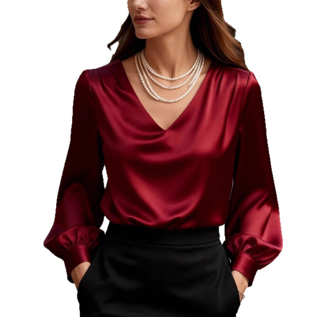 French-style Elegant And Sophisticated Satin Long-sleeve Blouse With Bubble Sleeves And A V-neck