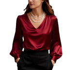 French-style Elegant And Sophisticated Satin Long-sleeve Blouse With Bubble Sleeves And A V-neck