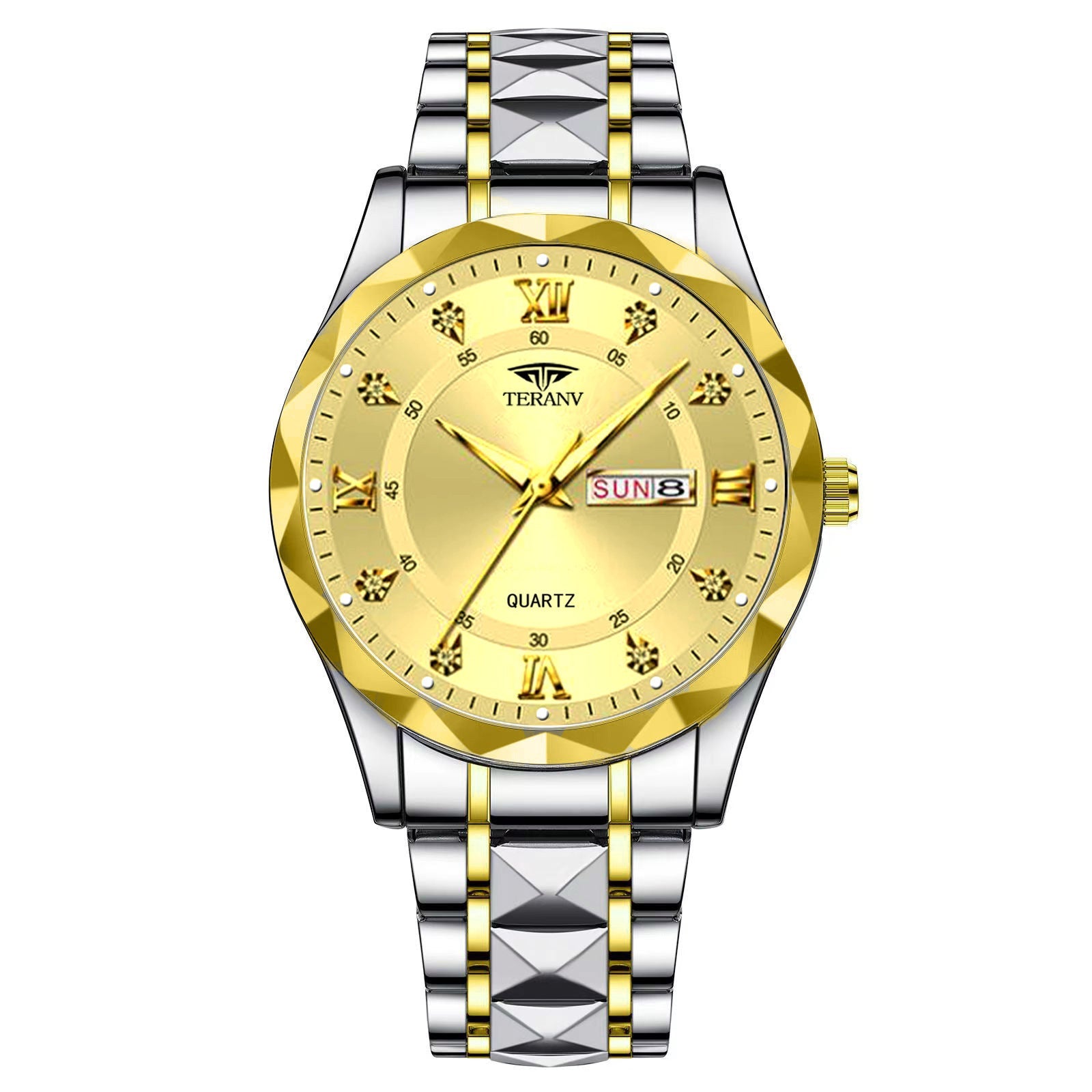 Men's Diamond Shell Calendar Watch - Stainless Steel Luxury Timepiece