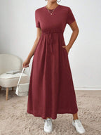 Women's Solid-Colored Short-Sleeve Drawstring Dress With Side Pockets