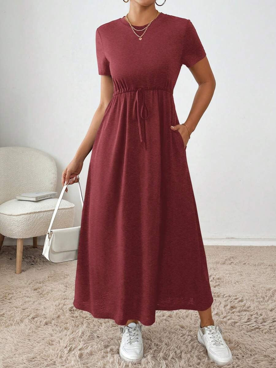 Women's Solid-Colored Short-Sleeve Drawstring Dress With Side Pockets