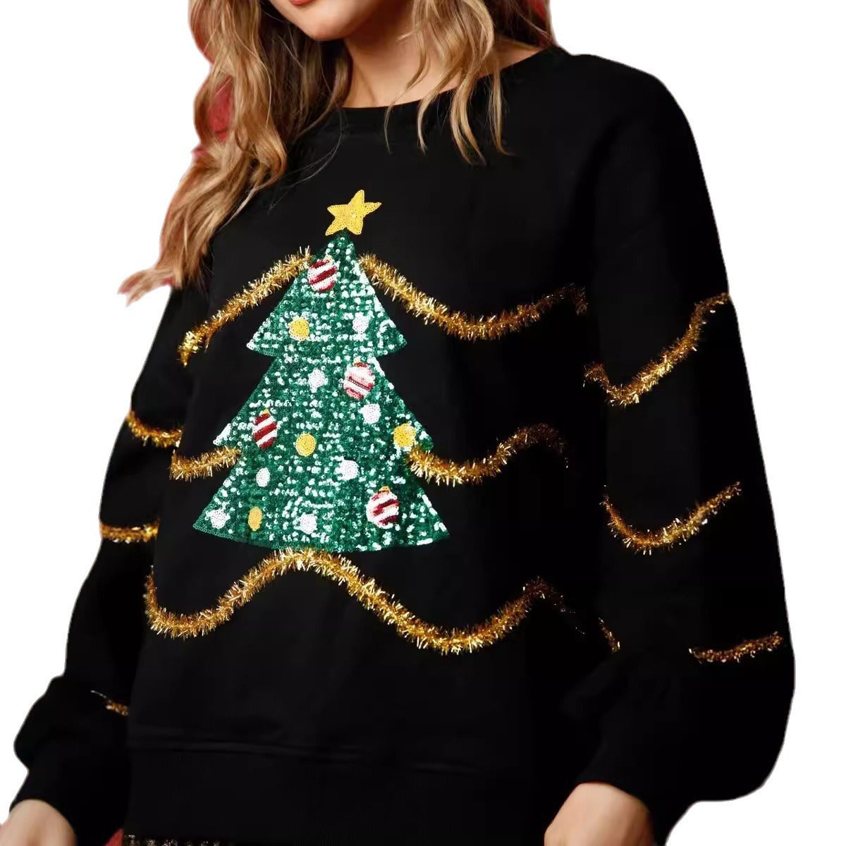 Women's Casual Loose-Fit Christmas Tree Sequin Long-Sleeve Hoodie