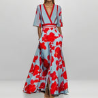 Fashion Print Half-sleeve V-neck Dress Temperament Slim Tight Waist Dresses For Women