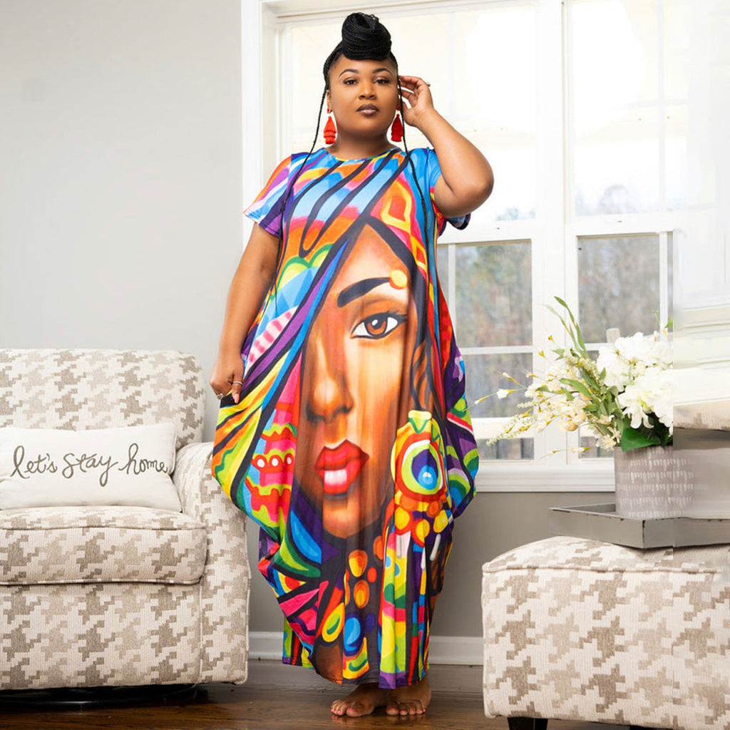 Women's Printed Plus-Size Loose-Fit Maxi Dress With Pockets