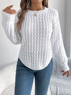 Women Casual Solid Color Cable Knit Lantern Sleeve Irregular Pullover Sweater