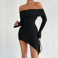 Women's Solid Color One Shoulder Flared-sleeve Bodycon Dress