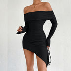 Women's Solid Color One Shoulder Flared-sleeve Bodycon Dress