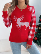 Women Casual Plaid Deer Long Sleeve Pullover Sweater Christmas Edition