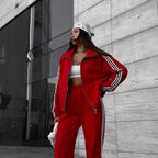 Women's Casual Hooded Jacket Loose Color-block Striped Pants Two-piece Set