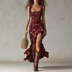 Retro Ruffle-Trimmed Sleeveless Slip Dress With High Side Slit