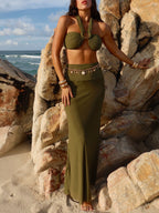 Olive Green Strappy Cropped Top & Hip-hugging Skirt Set