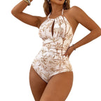 Printed Waist Pleating Slimming Halter One Piece Swimsuit