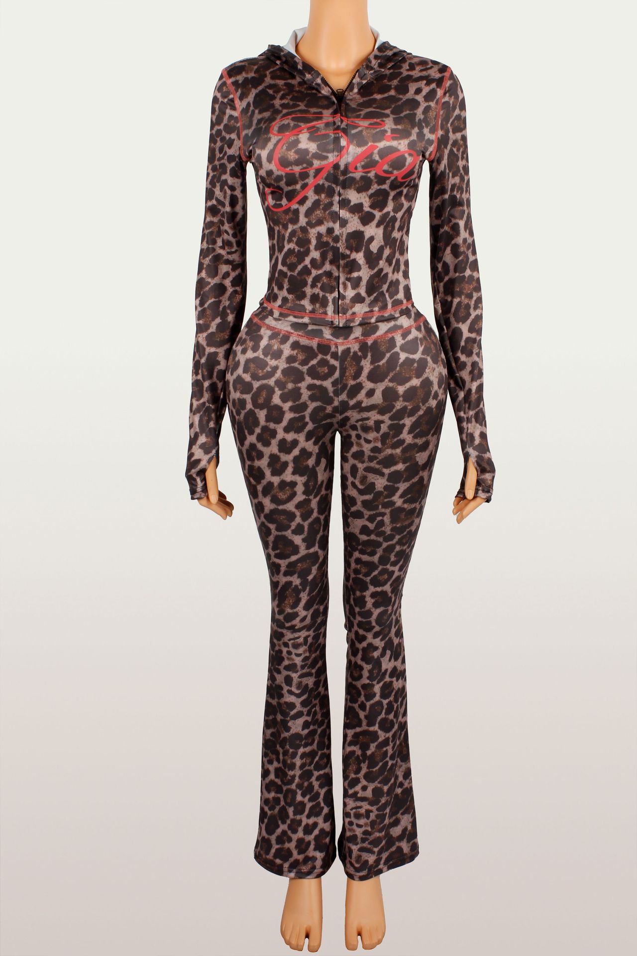 Fashionable Printed Casual Leopard-Print Zippered Long-Sleeve Jacket And Pants Set