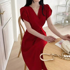 Women's Solid-Color French-Style Cross-Neckline Lace-Up Bud Dress