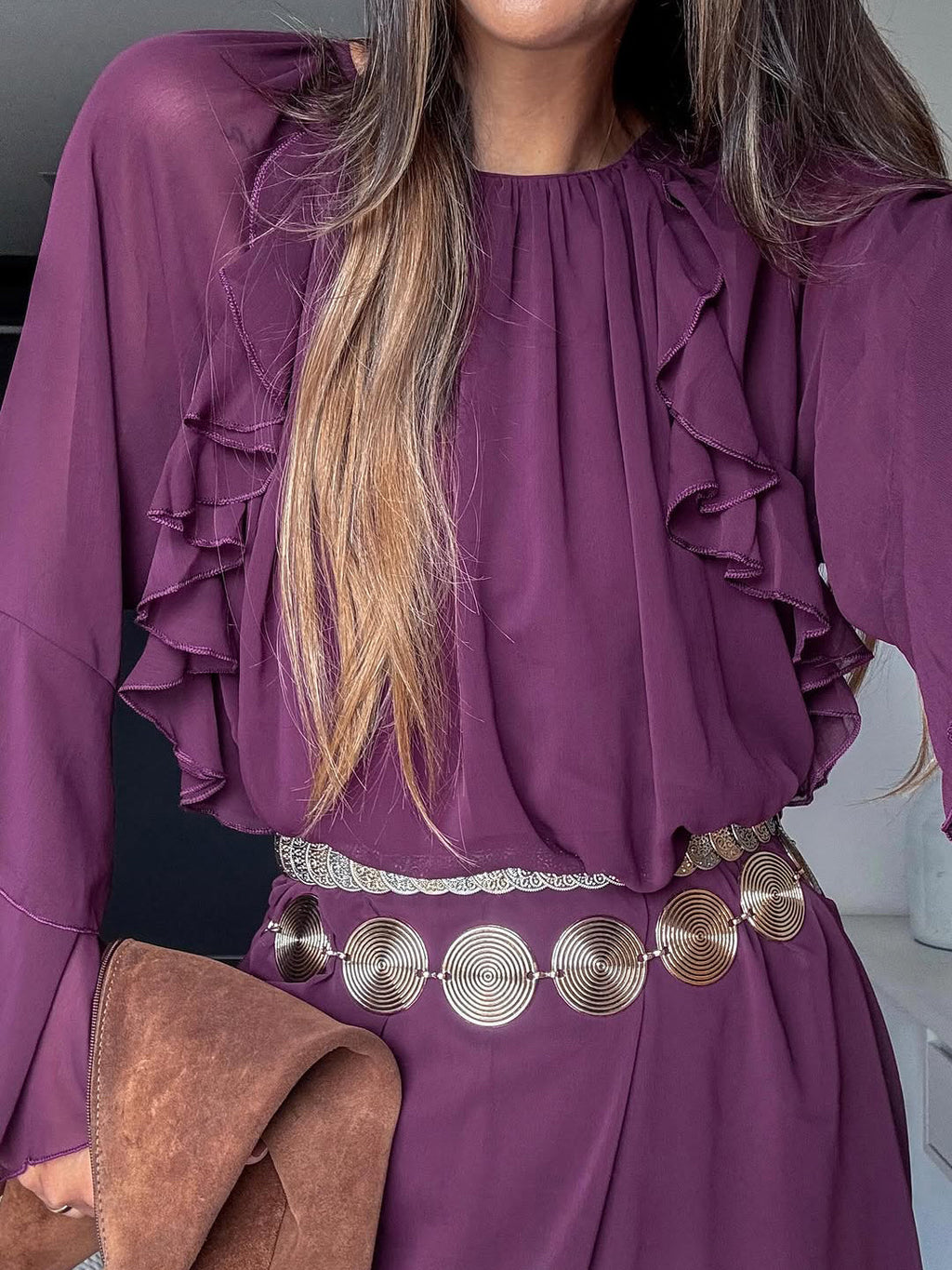 Plum Bohemian Ruffled Long Sleeve Dress