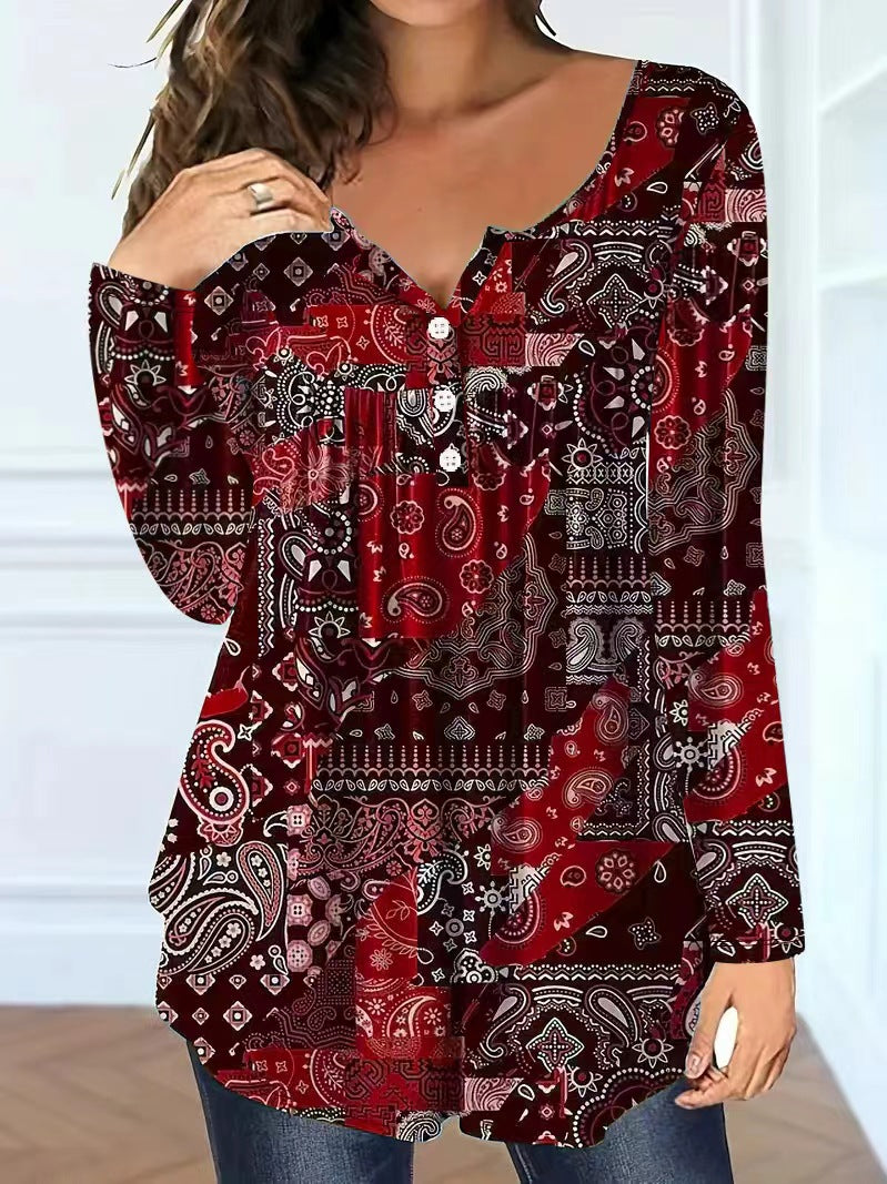 Loose-fit Buttoned V-neck Top Women's T-shirt