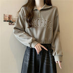 Drawstring Hem POLO Neck Sweatshirt Womens Loose Petite Short Half-Zip Top