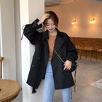 New Lantern Sleeve Loose Black Windbreaker Women's Wild Mid-length Coat