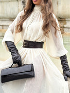White Long-sleeved Ruffled Tie Dress