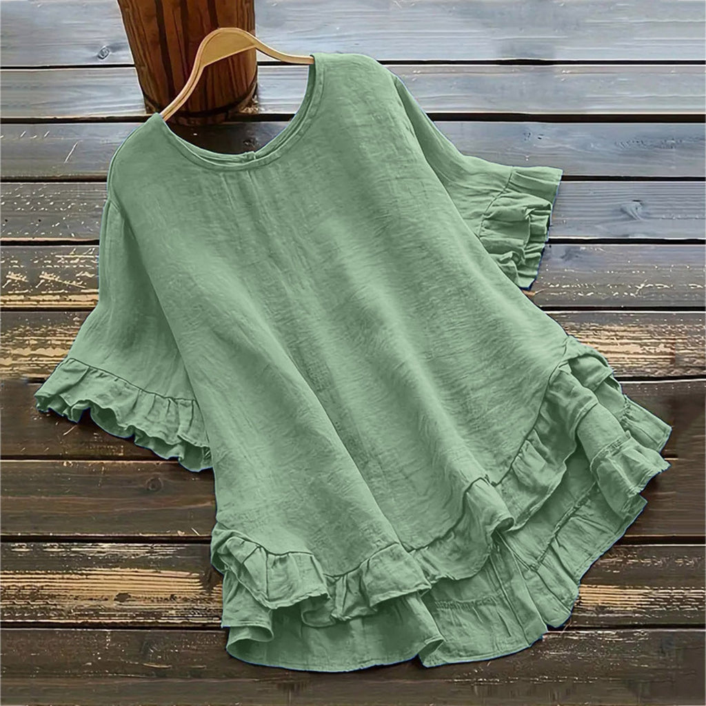 Arrival Solid-color Cotton-linen Loose-fit Round-neck Blouse With Ruffled Hem