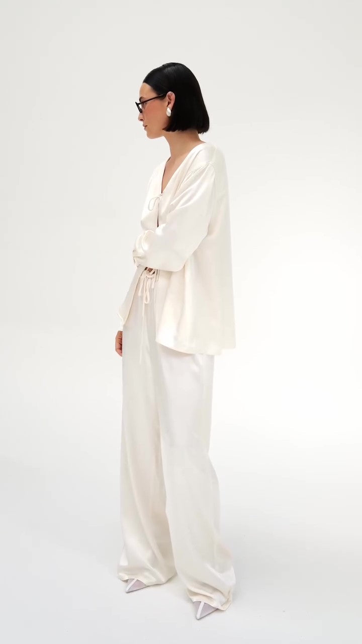Cream Satin Tie-Front Top And Wide-Leg Pants Set