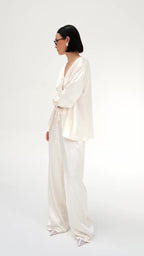 Cream Satin Tie-Front Top And Wide-Leg Pants Set
