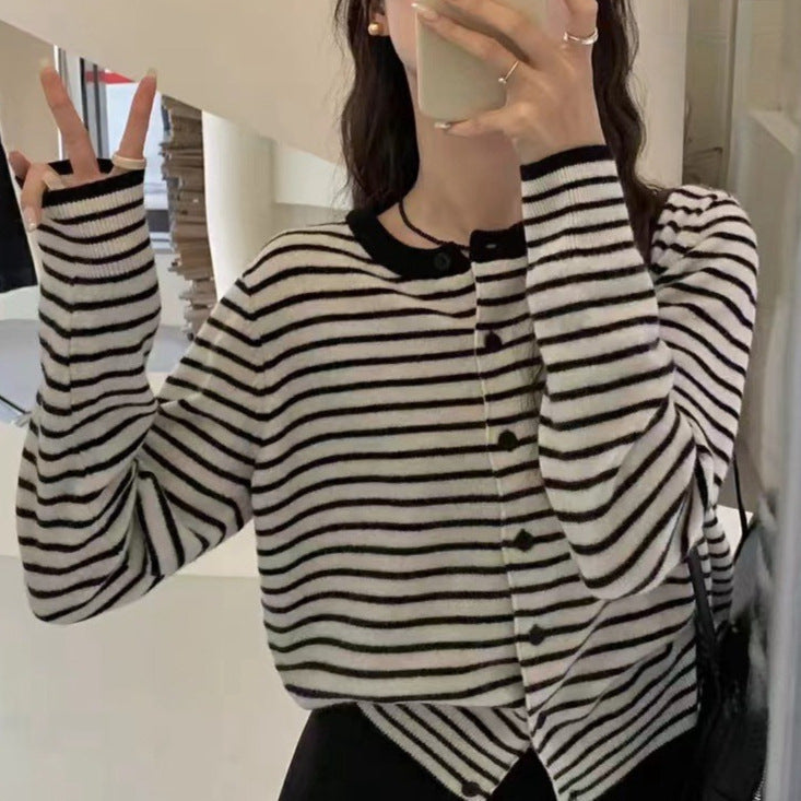 French Style Classic Style Striped Sweater Cardigan Coat For Women