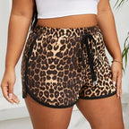 Women's Plus Size Leopard Print High-Waisted Shorts with Drawstring - Casual and Stretchy Polyester Blend for Spring/Summer Fashion