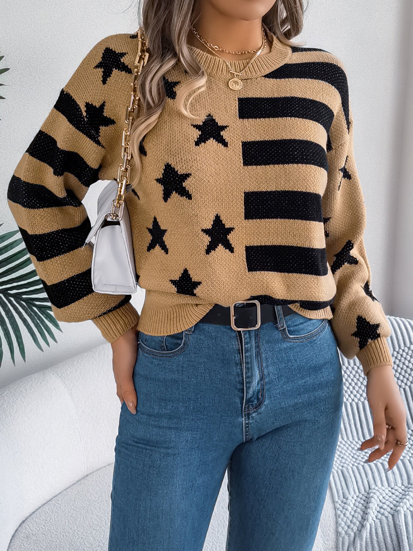 Women Casual Star Stripe Lantern Sleeve Long Sleeve Pullover Sweater