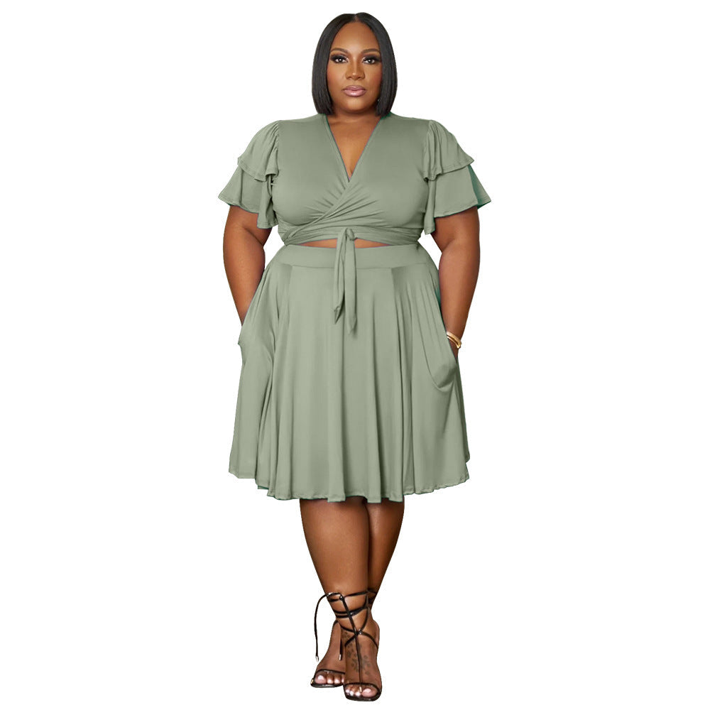 Women's New Arrival Ruffled Sleeve Lace-up Short Skirt With Pockets V-neck Plus-size Skirt Set