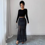 Shimmery Sequin Doublelayer Mesh Highwaist Figurehugging Hipskimming Skirt