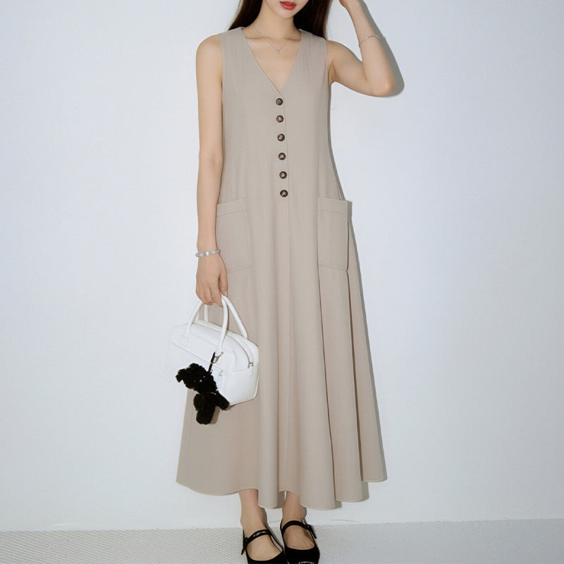 Women's Stylish & Elegant Solid-Color V-Neck Button-Up Dress