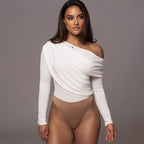 Off-the-shoulder Diagonal Neckline Fitted Long-sleeve Ruffled Bodysuit